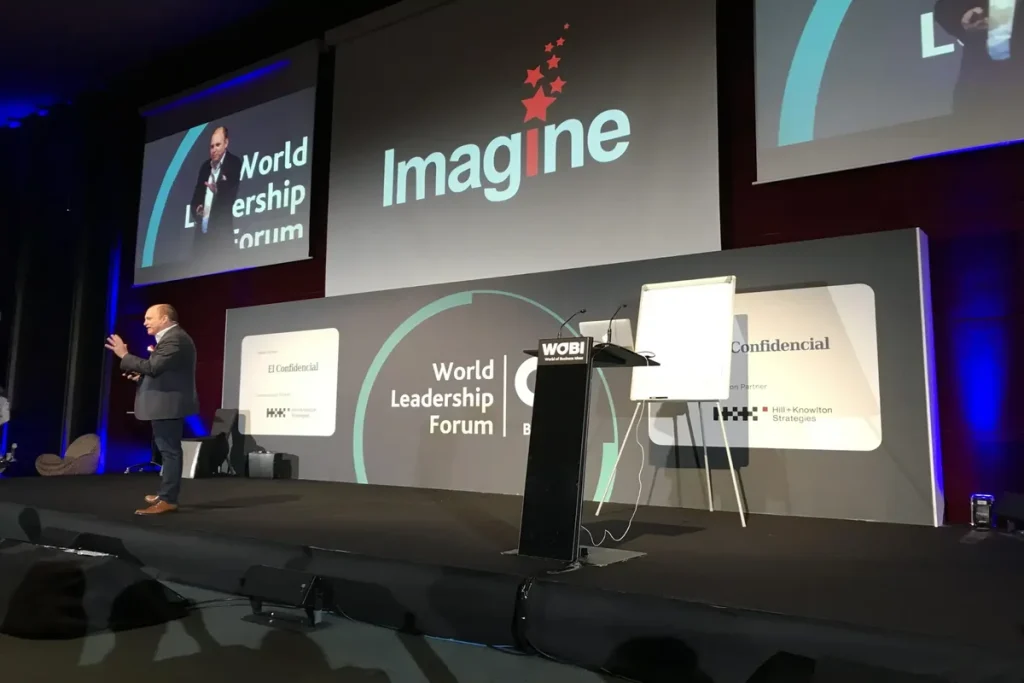 Business keynote speaker presenting at World Leadership Forum Barcelona on innovation and leadership