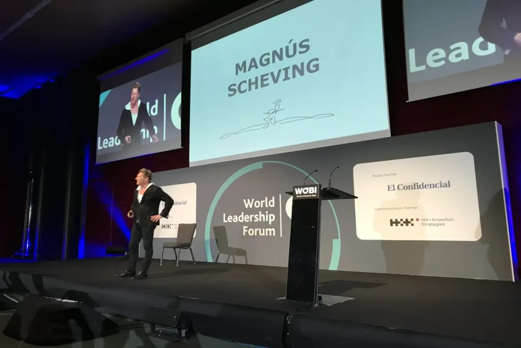 Magnús Scheving keynote speaker presenting at World Leadership Forum Barcelona