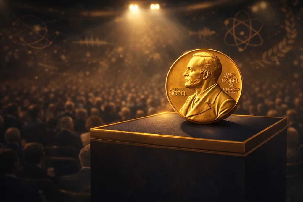 Nobel Prize gold medal displayed on a podium under dramatic golden lighting at a conference-style event