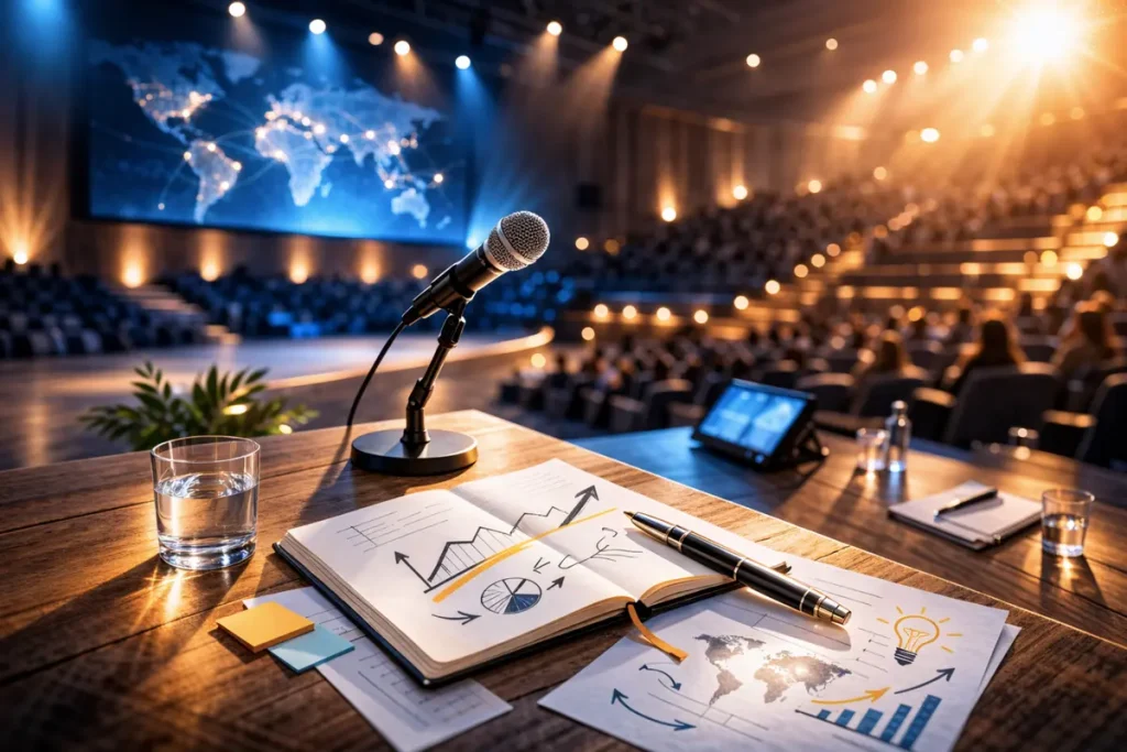 Conference stage with podium and microphone overlooking a large audience, symbolizing top motivational speakers and corporate leadership events