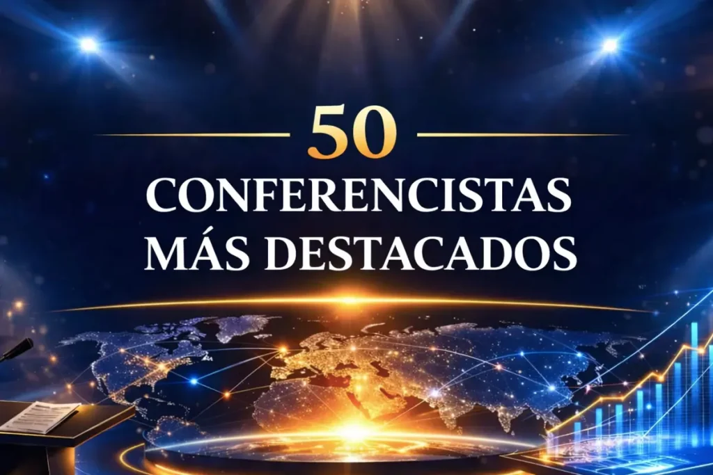 Lista Top 50 Conferencistas Destacados gráfico con escenario global, mapa mundial, gráfico de crecimiento y podio para eventos corporativos