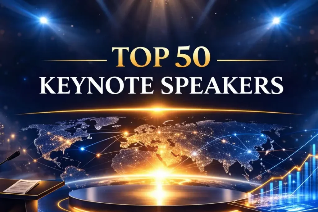 Top 50 Keynote Speakers list graphic featuring global stage, world map, business growth chart and podium for leadership events