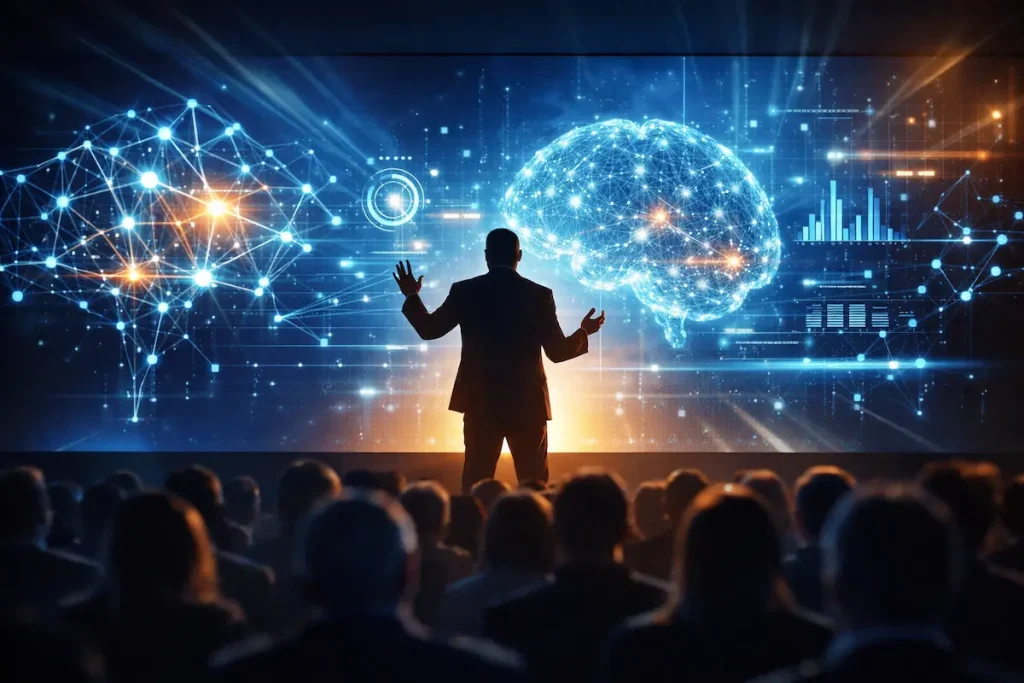 Keynote speaker presenting on a futuristic conference stage with AI neural network visuals on a large screen.