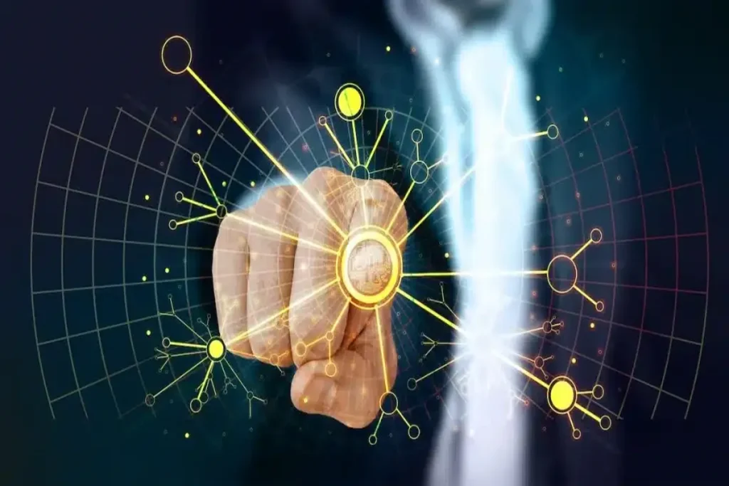 Futuristic digital network interface with a human hand interacting with connected data nodes and artificial intelligence systems