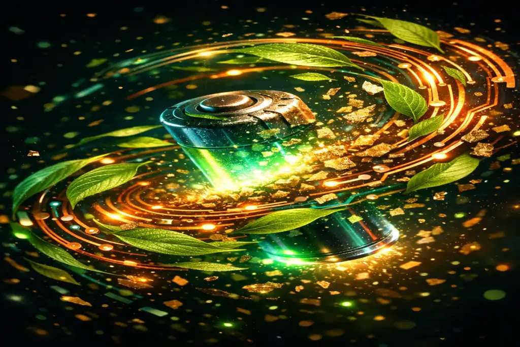 Lithium battery cell transforming into green leaves, copper circuit traces, and metallic particles symbolizing circular economy and battery recycling.