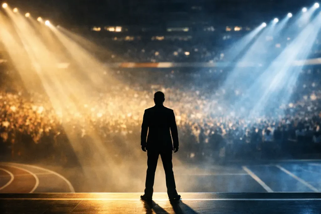 Sports motivational speaker commanding a stadium stage in front of a large audience