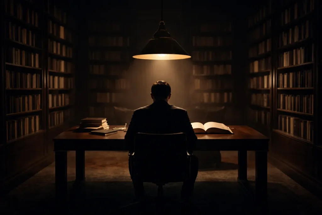 Lone figure reading at a wooden desk under pendant light in a dark modern library