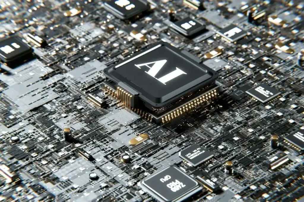 Artificial intelligence processor chip on advanced computer motherboard representing AI computing technology