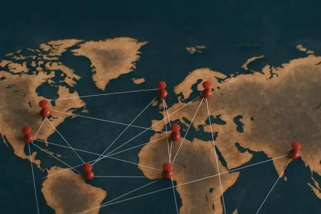 Global network map illustrating international connections and geopolitical influence across regions