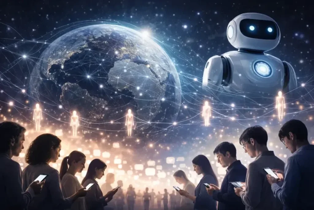 AI connecting people globally through digital networks and mobile devices