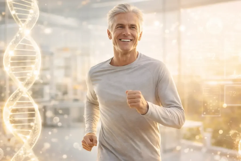 Healthy silver-haired person jogging in a futuristic bioscience environment with glowing DNA helix and medical data displays.