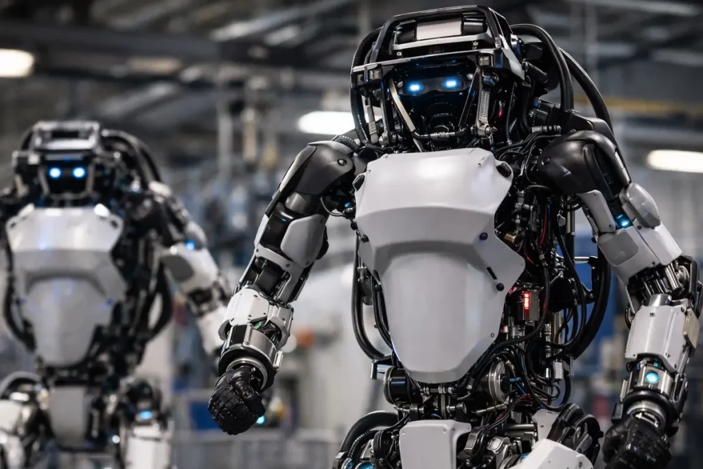 Two advanced humanoid robots standing in an industrial facility representing the future of humanoid robotics and embodied AI