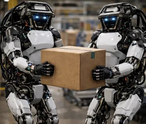Two humanoid robots collaboratively carrying a cardboard box in an industrial warehouse setting