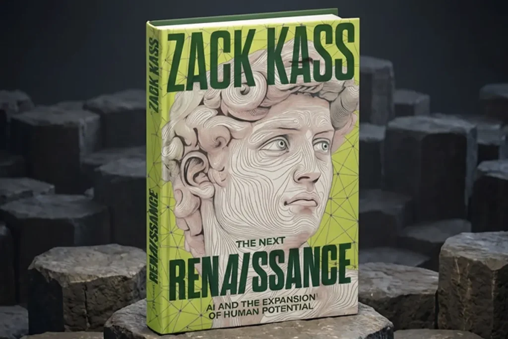 The Next Renaissance book by Zack Kass featuring a classical sculpture head and AI network design.