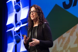 Amy Webb speaking about AI trends and strategic foresight at a conference