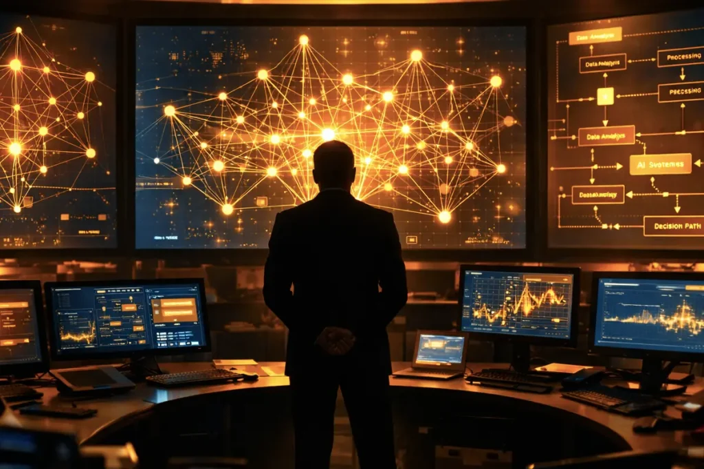 Executive reviewing agentic AI workflow dashboards in a modern operations center - Andrew Ng keynote speaker | Aurum Speakers Bureau