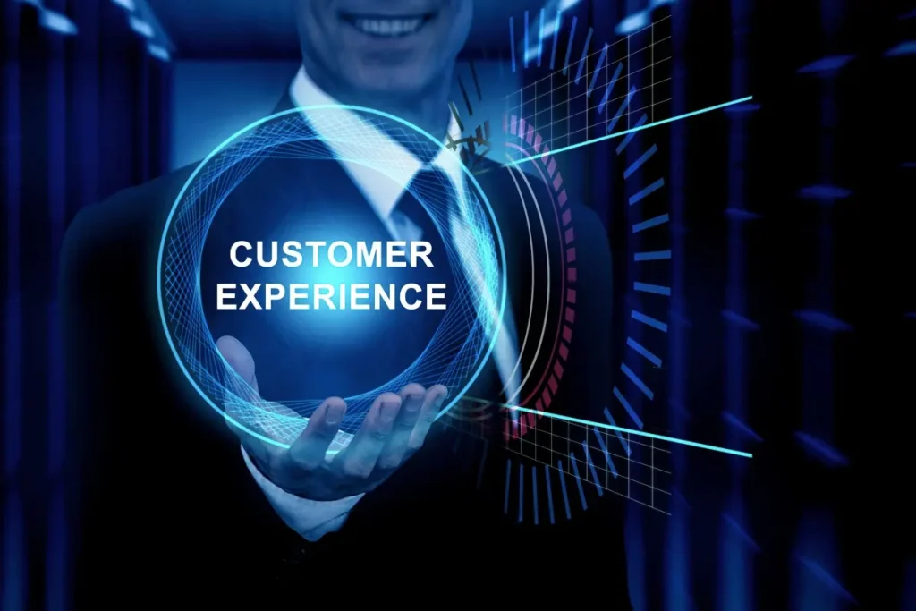 Digital customer experience concept showing a business professional holding a glowing interface labeled customer experience with data analytics overlays
