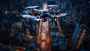 Autonomous drone flying over a city at night illustrating emerging drone and cybersecurity threats