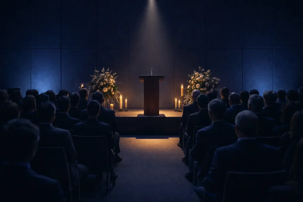 Empty podium at a formal funeral setting in a modern conference hall with seated audience and candlelight