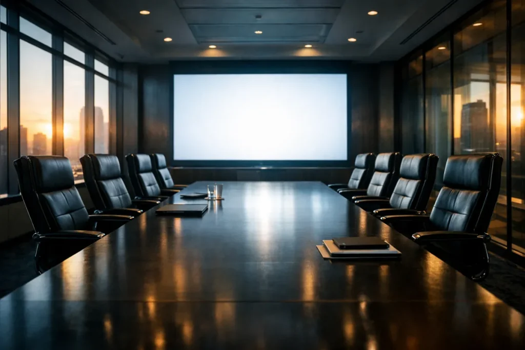 Modern conference room with presentation screen and executive table set for a keynote speaker briefing