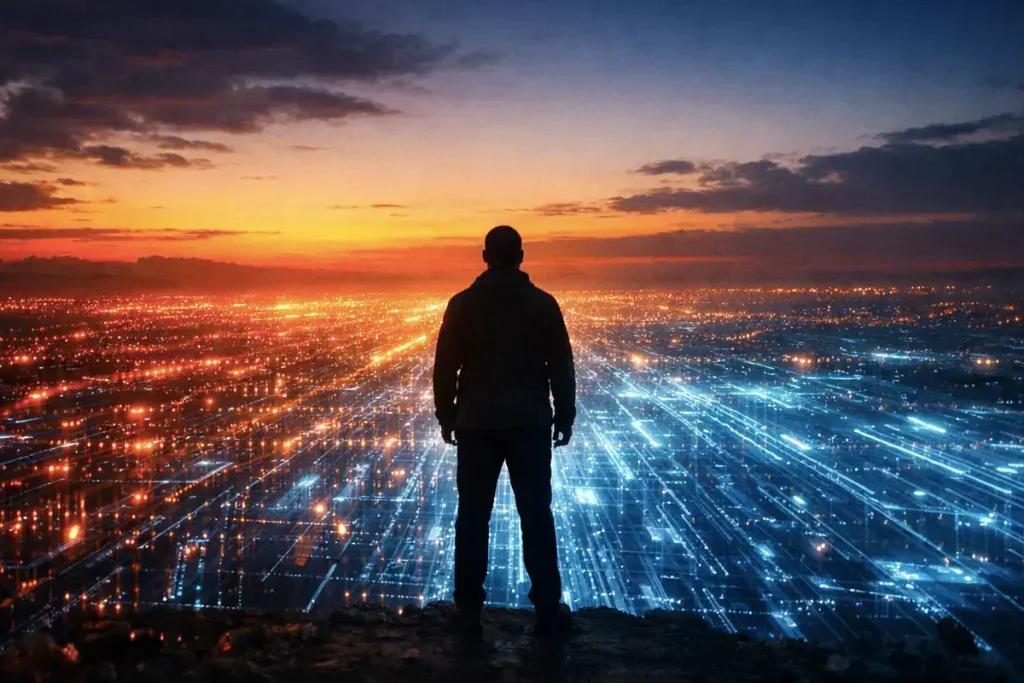 Solitary figure overlooking glowing blue data landscape at dusk symbolizing AI ethics and the future of work