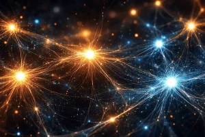 Abstract neural network visualization with glowing blue and gold nodes connected across a dark background representing artificial intelligence and complex data systems