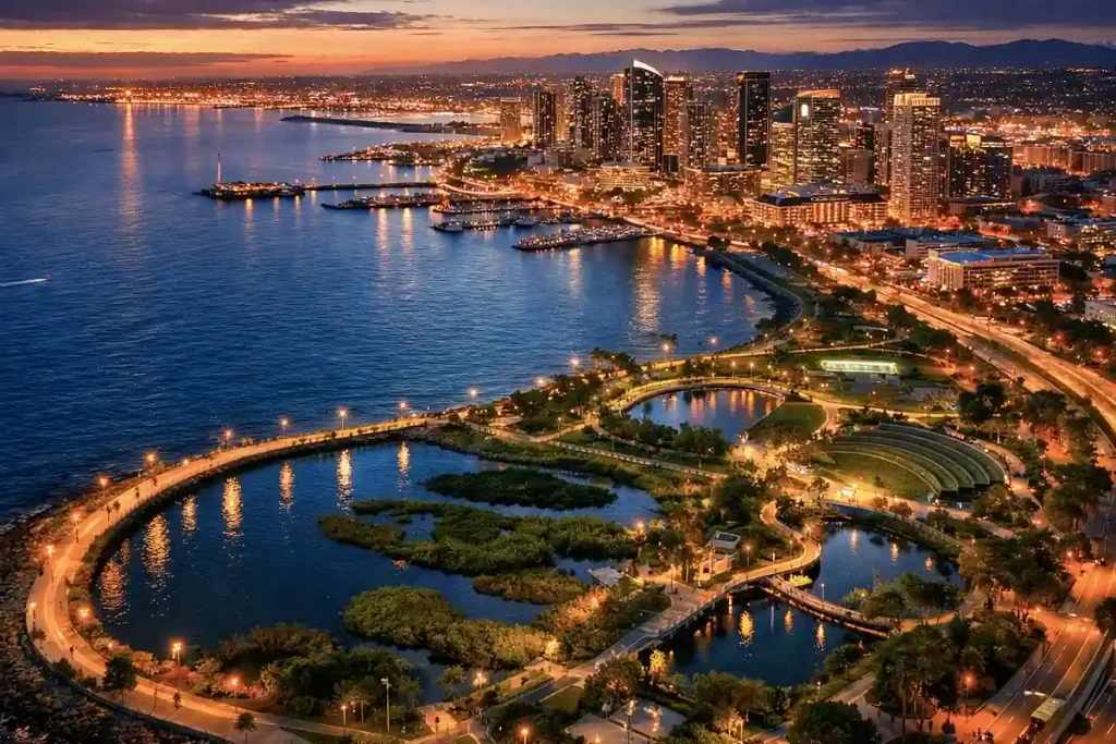 Aerial view of a modern coastal city at dusk with illuminated skyline and green waterfront infrastructure reflecting on the ocean.