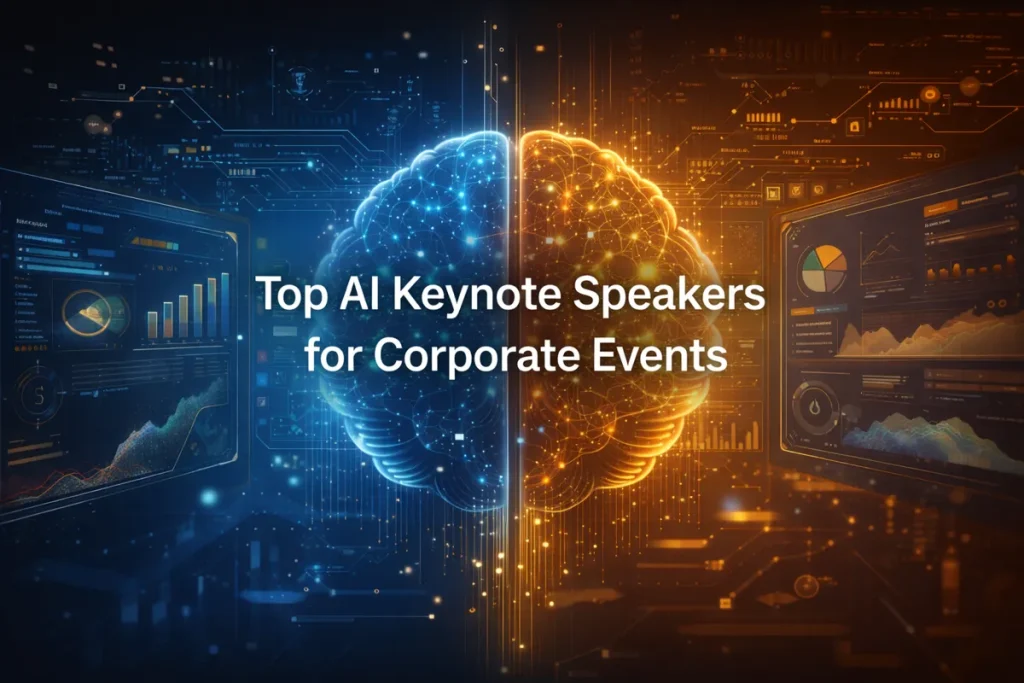 Top AI keynote speakers for corporate events illustrated with data-driven artificial intelligence concept