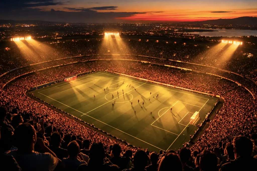 A floodlit football stadium at dusk representing the legacy of World Cup champions - World Cup 2026 keynote speakers | Aurum Speakers Bureau