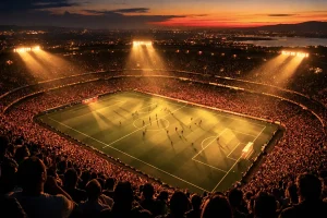 A floodlit football stadium at dusk representing the legacy of World Cup champions - World Cup 2026 keynote speakers | Aurum Speakers Bureau