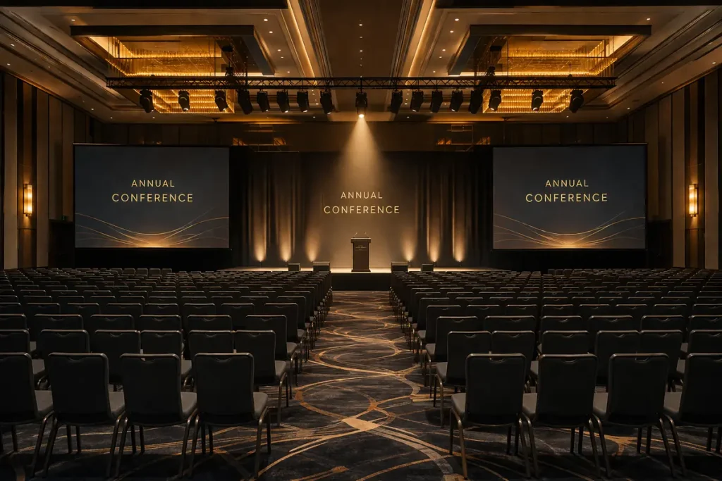 Empty conference hall with rows of chairs leading to a warmly lit stage and podium under a golden spotlight, viewed from the back