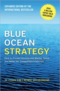 Blue Ocean Strategy hardcover book cover by W. Chan Kim and Renée Mauborgne featuring a calm blue ocean and subtitle on creating uncontested market space