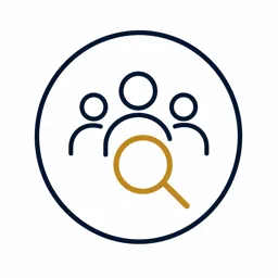 Audience icon with three people and magnifying glass representing audience analysis and understanding
