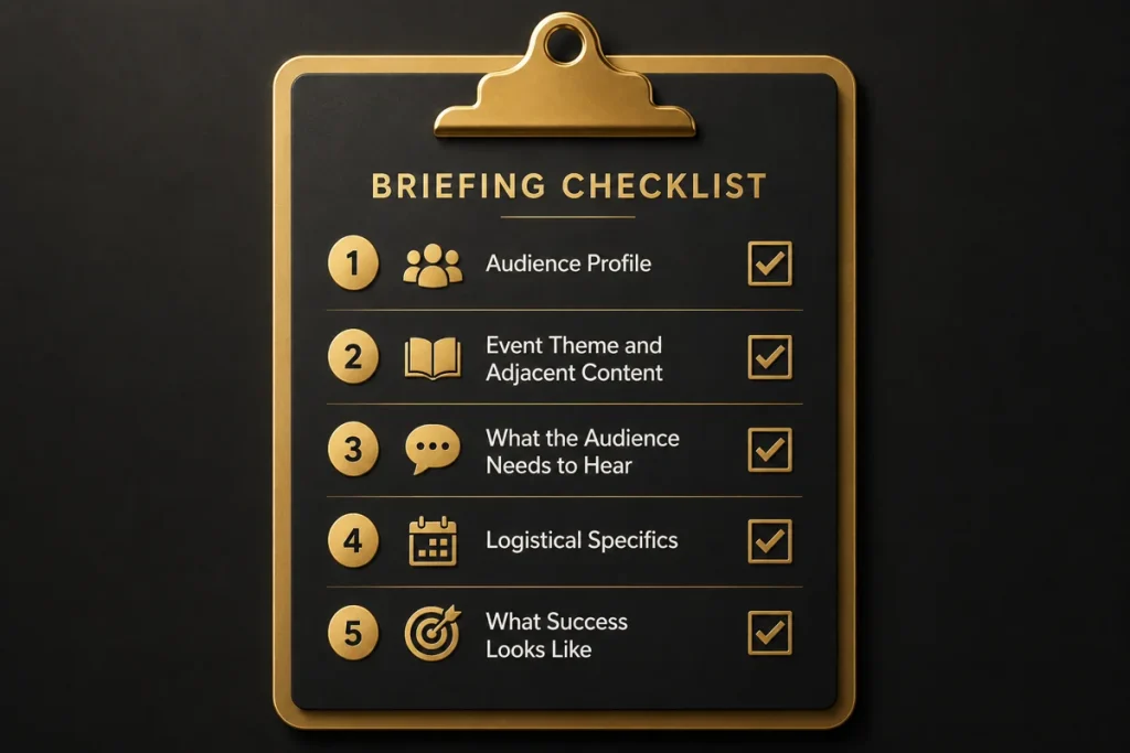 Gold and black checklist graphic showing five key event briefing elements on a clipboard