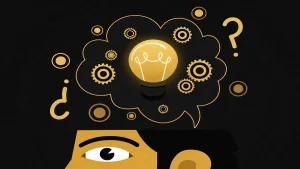 Gold and black brainstorming illustration with light bulb, gears, and question marks inside a thought bubble above a human head