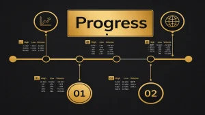 Horizontal progress timeline infographic with milestones, icons, and a central “Progress” label