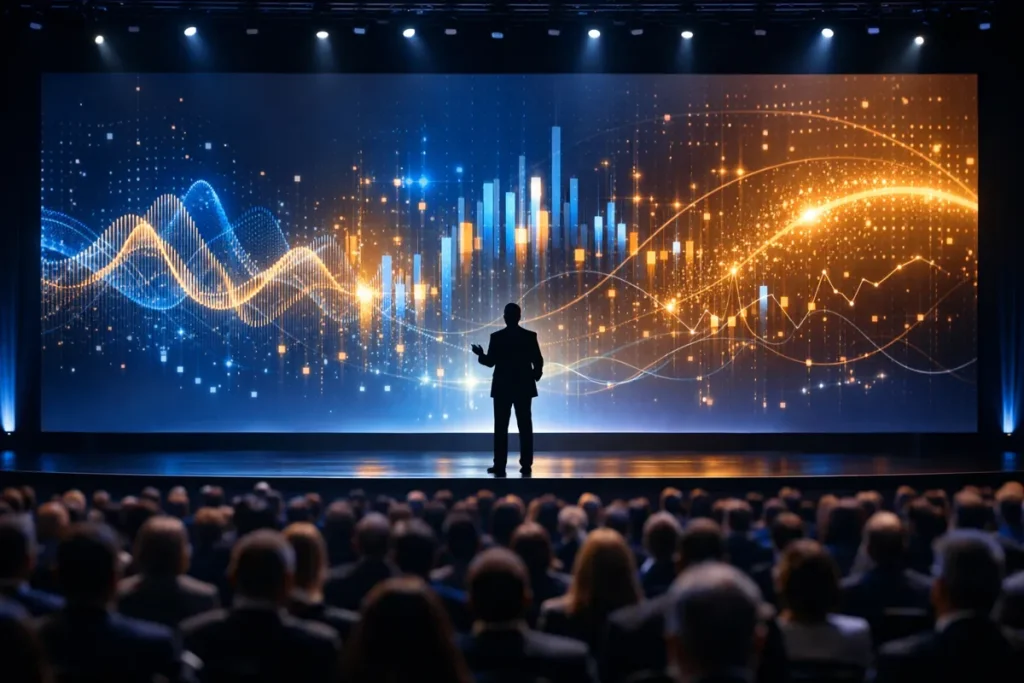 AI keynote speaker presenting on stage at a corporate conference - how to choose an ai keynote speaker | Aurum Speakers Bureau