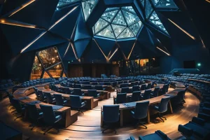 Fully prepared keynote venue with seating, lighting, and stage set before audience arrival