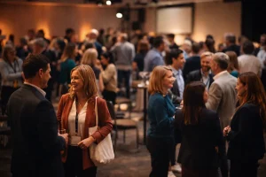 Attendees networking after a keynote presentation at a corporate event - post keynote speaker event management | Aurum Speakers Bureau