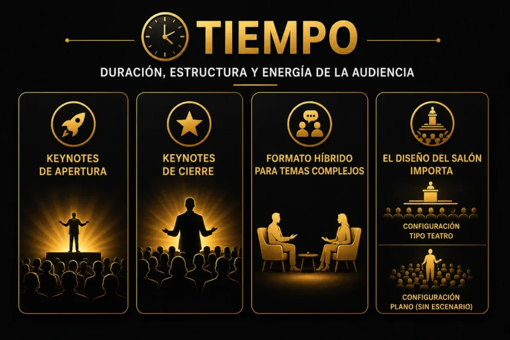 Gold and black keynote timing infographic in Spanish showing opening, closing, hybrid format, and room layout considerations with a central clock