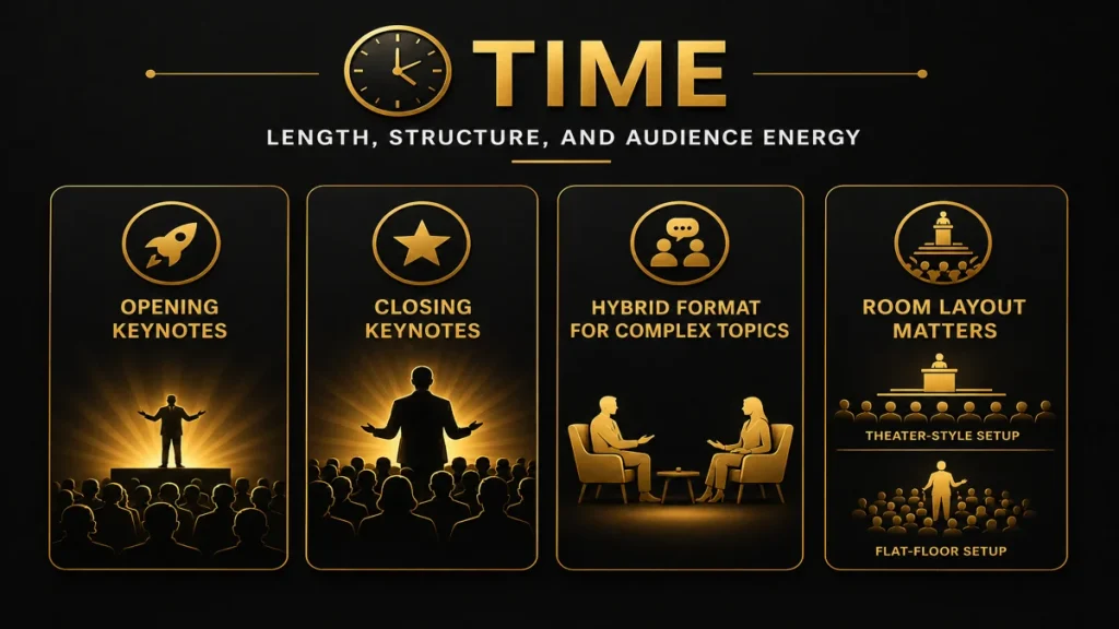 Gold and black keynote timing infographic showing opening, closing, hybrid format, and room layout considerations with a central clock
