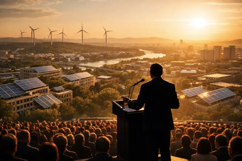 Sustainability keynote speaker addressing audience overlooking green city with solar panels and wind turbines at sunset