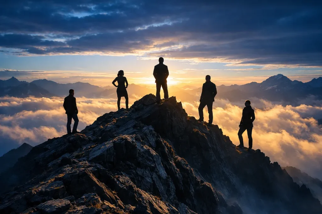 Five leadership silhouettes standing on a mountain ridge at sunrise, symbolizing vision, hierarchy, and executive leadership