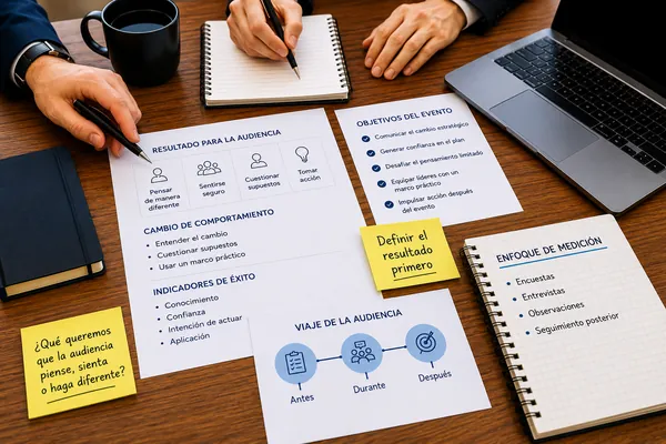 Business professionals planning audience outcomes and keynote measurement strategy during an event briefing session