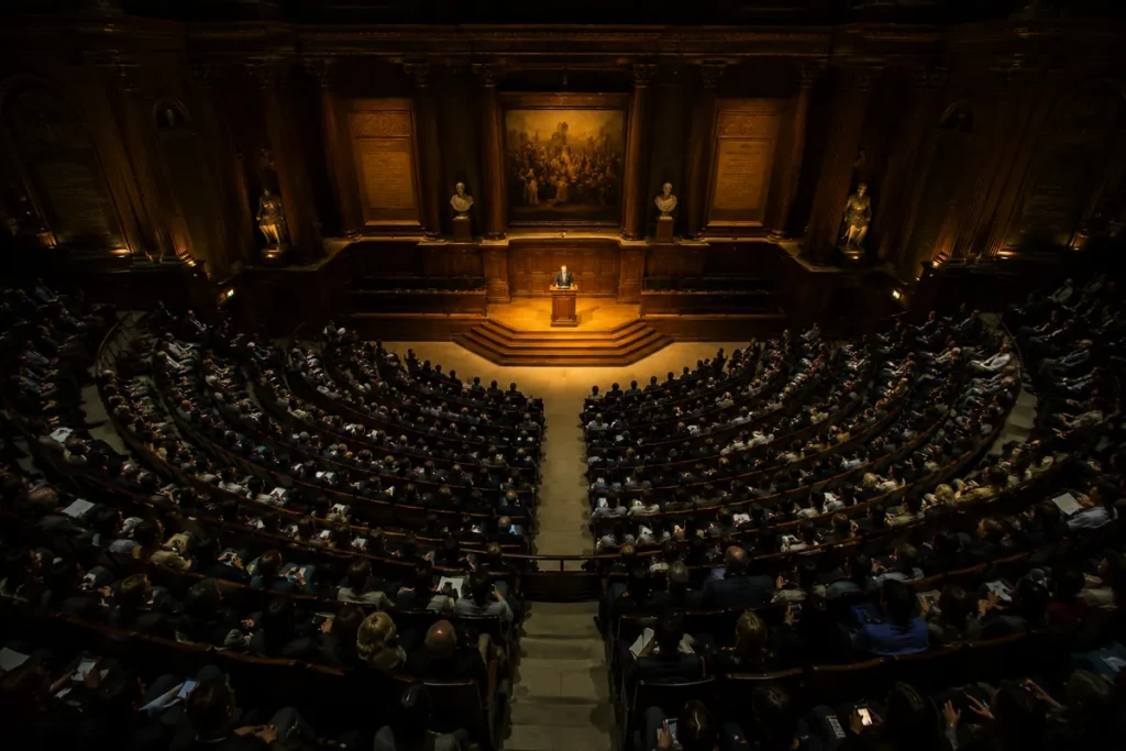Grand lecture hall viewed from above with an illuminated podium, warm golden lighting, and a large seated audience in a cinematic editorial setting.