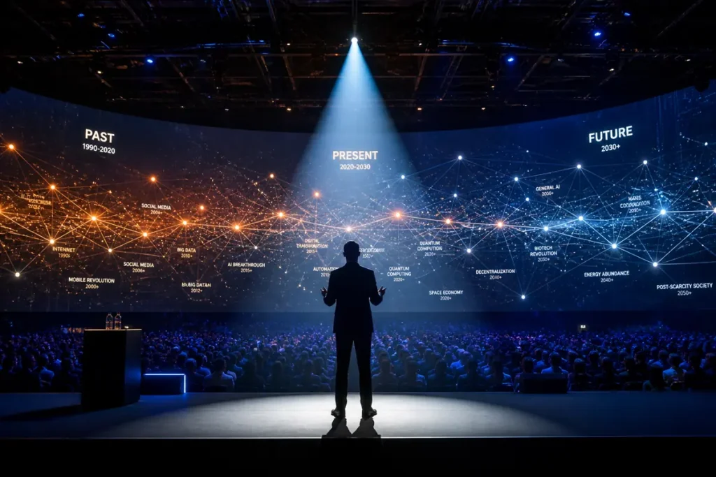 A silhouetted keynote speaker stands on a stage facing a vast auditorium, illuminated by a single spotlight, with a massive screen displaying interconnected data nodes and timelines in blue and amber tones.