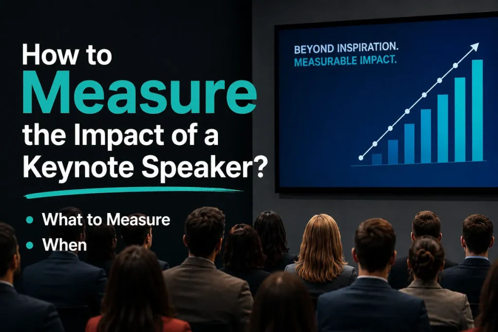 Audience watching a presentation screen about how to measure the impact of a keynote speaker