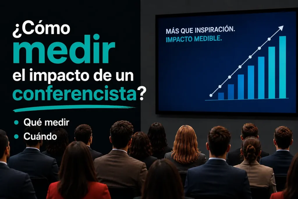 Professional audience watching a presentation in Spanish about how to measure the impact of a speaker
