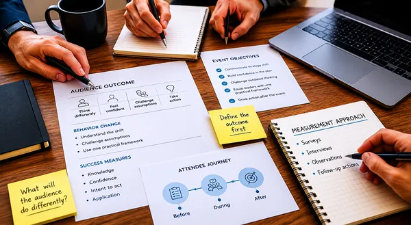 Business professionals planning audience outcomes and keynote measurement strategy during an event briefing session