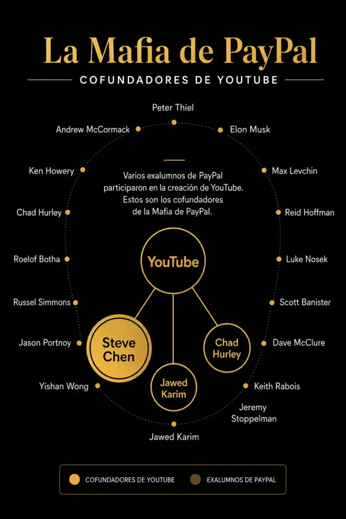 Spanish-language black and gold infographic showing the PayPal Mafia network with YouTube cofounders Steve Chen, Chad Hurley, and Jawed Karim highlighted.